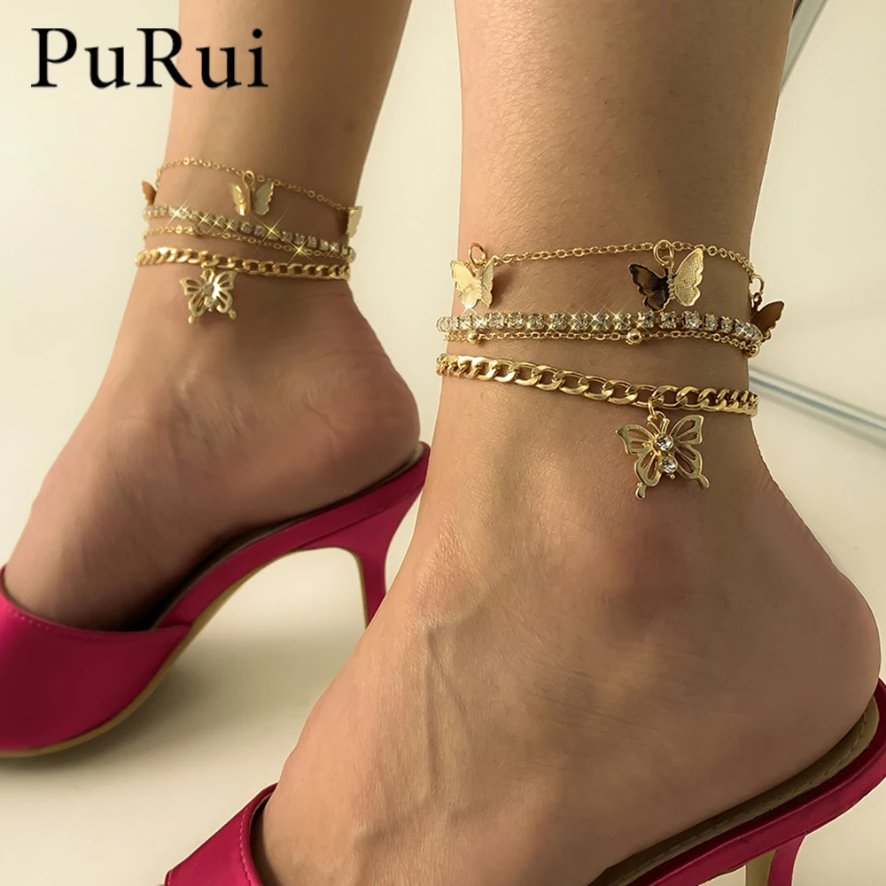 

Fashion 4pcs Butterfly Anklet Set Gold Color Bling Crystal Chain Anklets Women Girls 2021 Layering Beach Leg Ankle Boho Jewelry