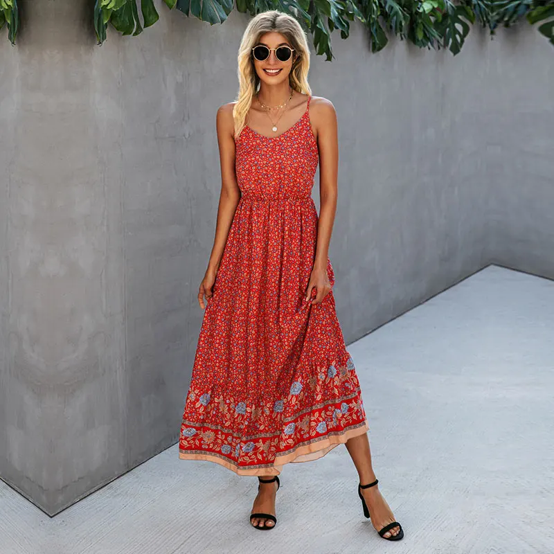 

2021 Summer New Floral Spaghetti Strap Long Dress For Women Casual Sleeveless Backless Ladies Beach Style Party Maxi Dresses