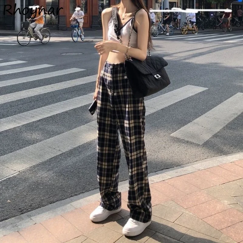 

Pants Women Fashion Summer New Leisure All-match Vintage High Waist Loose Plaid Korean Style Simple Cozy Wide Leg Female Trouser