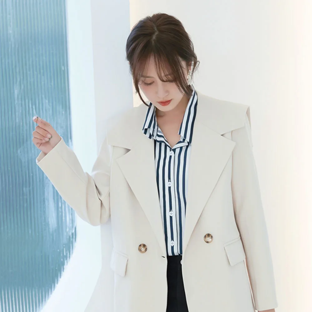

Fashion Chic Navy's Collar Creamy-white Blazer Female Korean Style Elegant Loose Trend Suit Jacket Slimming Casual Jackets Coat
