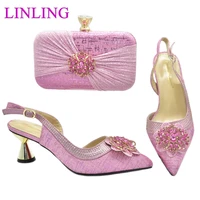 2021 italian design lastest special narrow band and flower style mid heels african party women shoes and bag set in pink color