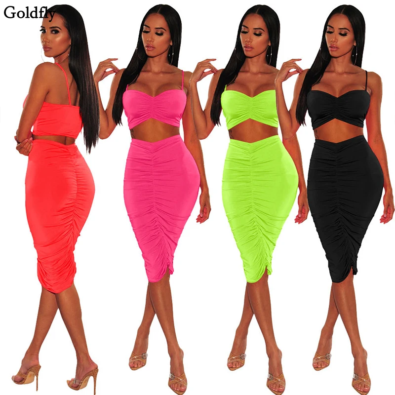 

Women's Sling Sleeveless T-Shirt Skirt Suit Solid Color Tight Sexy Multicolor Pleated Two-Piece Skirt