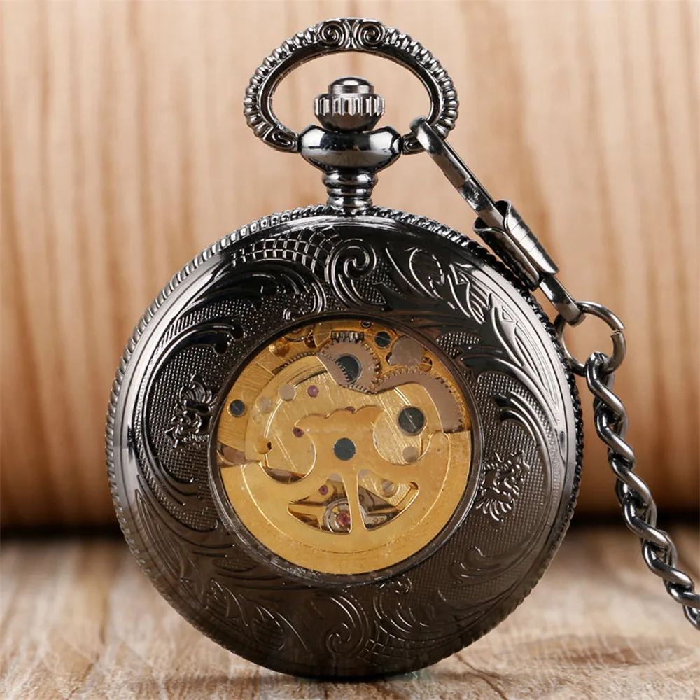 Vintage Elegant Black Hollow Pattern Automatic Mechanical Pocket Watch Golden Skeleton Roman Numerals Self Winding Pendant Clock