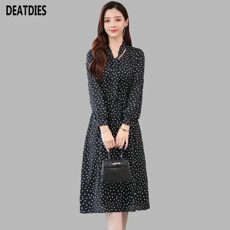 

2019 Woman Dress Vintage Dot Chiffon Long Sleeve Dresses Autumn Winter Women Dress Office Lady Elegant Party Dresses Vestidos