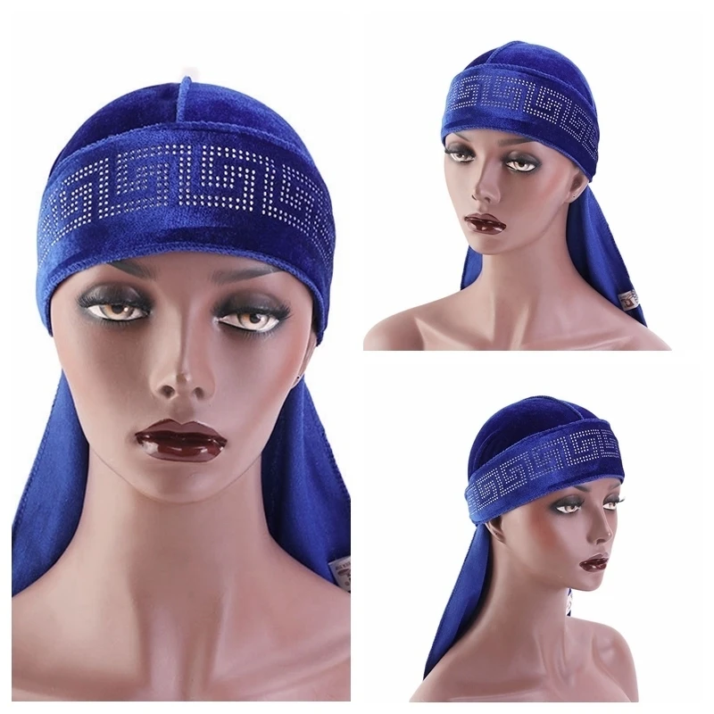 Ing Velvet Durags Long Tail Pirate Cap Round Shape Flannel Hair Bonnet For Sleeping Bandana Head Cover Accessories