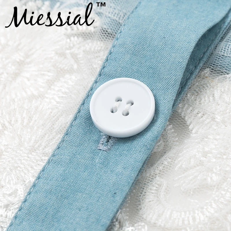Miessial, Лоскутная Прозрачная сетчатая Джинсовая блузка, рубашка, женская элегантная кружевная Цветочная Осенняя рубашка, топ, женская модная уличная одежда