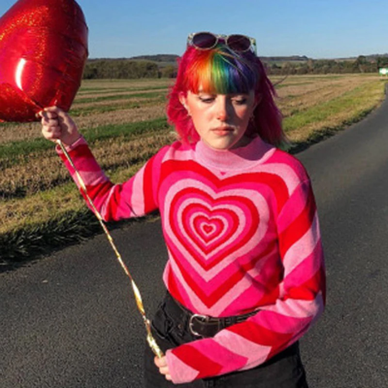 

Goth Dark Harajuku E-girl Heart Striped Pullovers Y2k Aesthetic 90s Streetwear Pink Autumn Sweater Vintage Slim Women Tops 2021