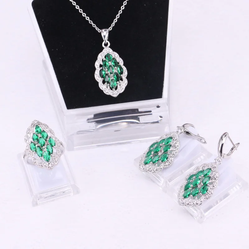 

Комплект из ожерелья и серег из серебра 925 пробы, комплект зеленых ювелирных изделий для женщин, модные серьги, кольцо, подвеска, ожерелье, св...