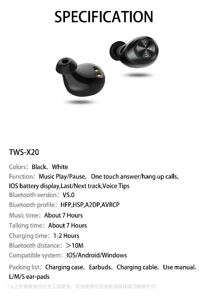 

BEESCLOVER X20 Wireless Earphones Bluetooth 5.0 Stereo Music In-Ear Headset for Android / IOS
