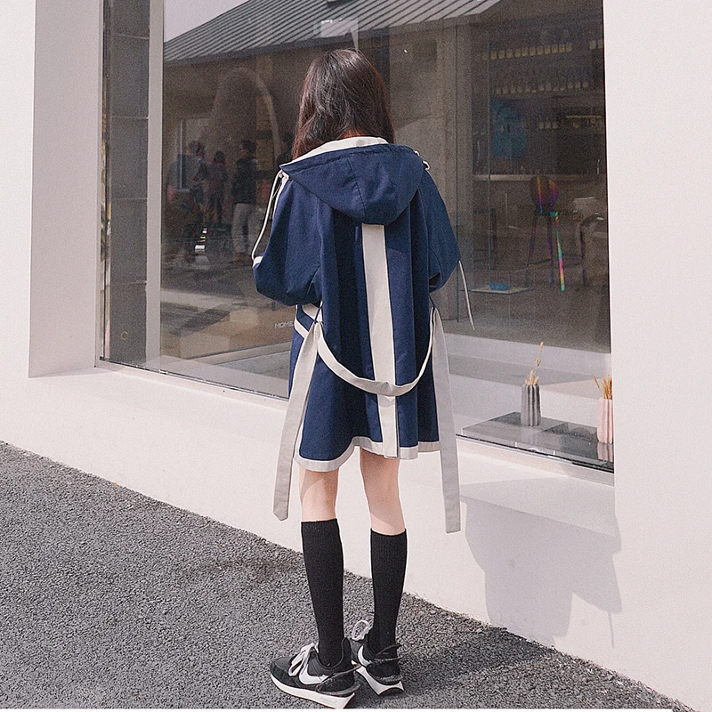 

2021 Ladies Stitching Windbreaker Women Fashion Loose Spring Autumn Trench Coat Casual Hooded Waist Female Korean Navy Blue