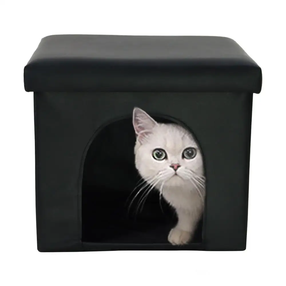 

KKTONER Faux Leather Foldable Storage Ottoman Cuboid Cat House Toy Box Chest Foot Stool Folding Stool 14" x12 x12 (Black)