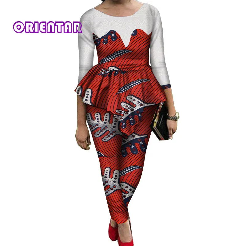 19 2 Pieces Sets Women African Pants Sets African Wax Print Long Sleeve Lace Tops and Pants Women Bazin Riche African Suits WY689 - Цвет: 19