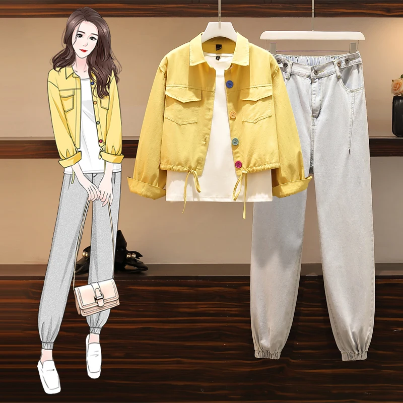 

Fashion 3 Piece Suit Women Pants Suit Spring Autumn 2021 New Short Jacket Coats + White Vest + Small Feet Jeans Three piece Sets