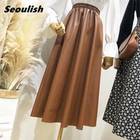 seoulish 2021 new autumn winter pu faxu leather womens long skirts elastic high waist vintage umbrella a line skirts female