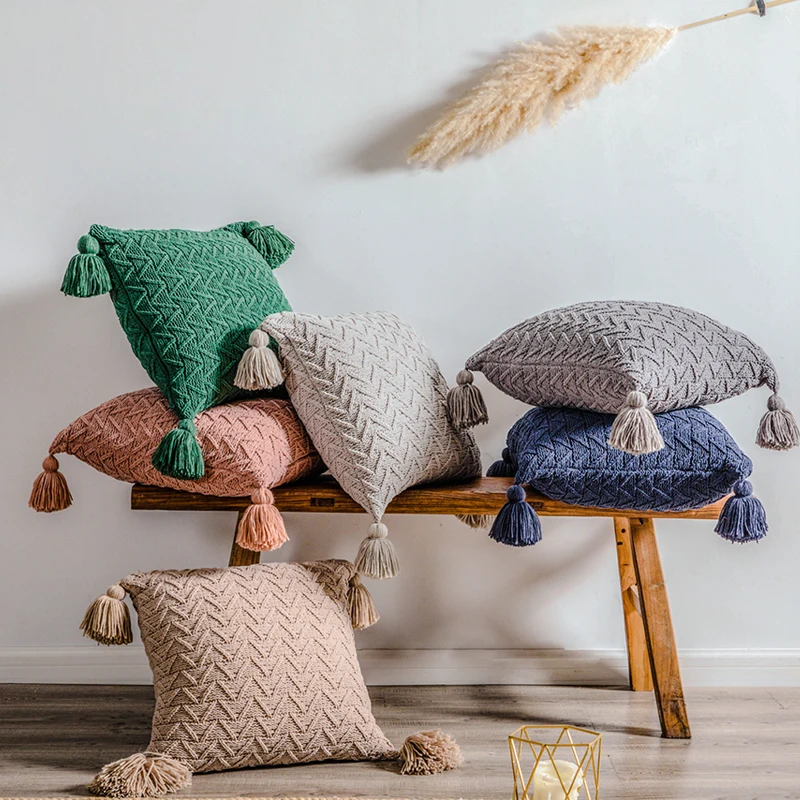 

Soft Knit Cuhion Cover 45x45cm Solid Pillow Cove Pink Grey Cream Tassels Home decoration Pillow Case Square For sofa Bed