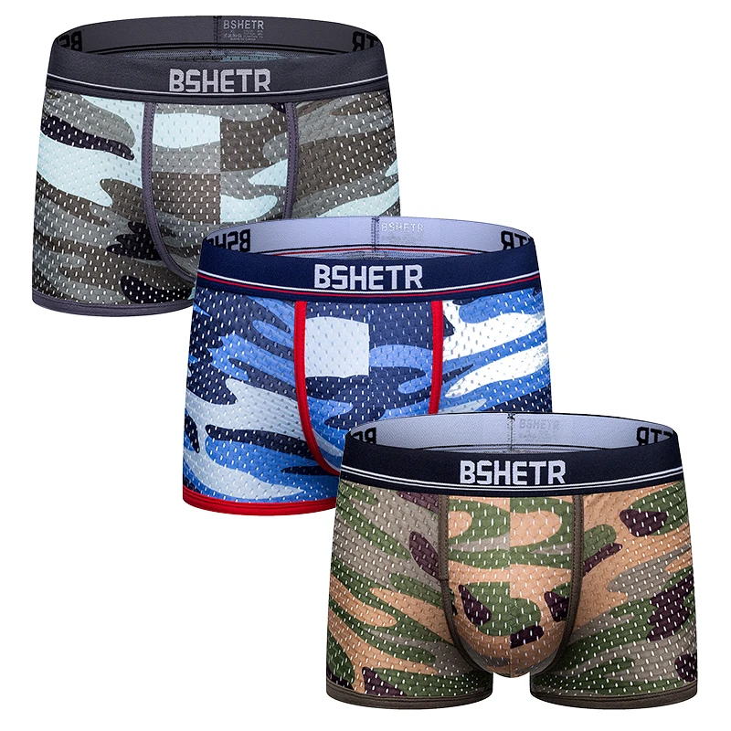 

3 шт. / Упак. Мужское нижнее белье боксеры Новое поступление BSHETR 2020 камуфляж мужские боксерские шорты сетка дышащие трусики мягкие мужские бр...