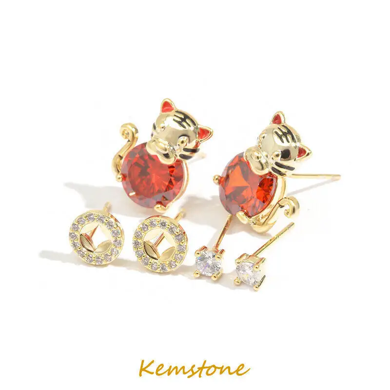 

Kemstone The Year of Tiger Jewelry Three Pairs of Suits S925 Sliver Post Little Tiger Crystal Stud Earrings for Women