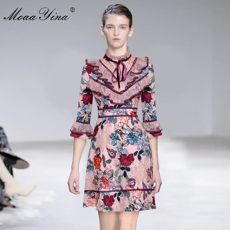 MoaaYina модное дизайнерское подиумное платье Весна Лето Женское воротник стойка