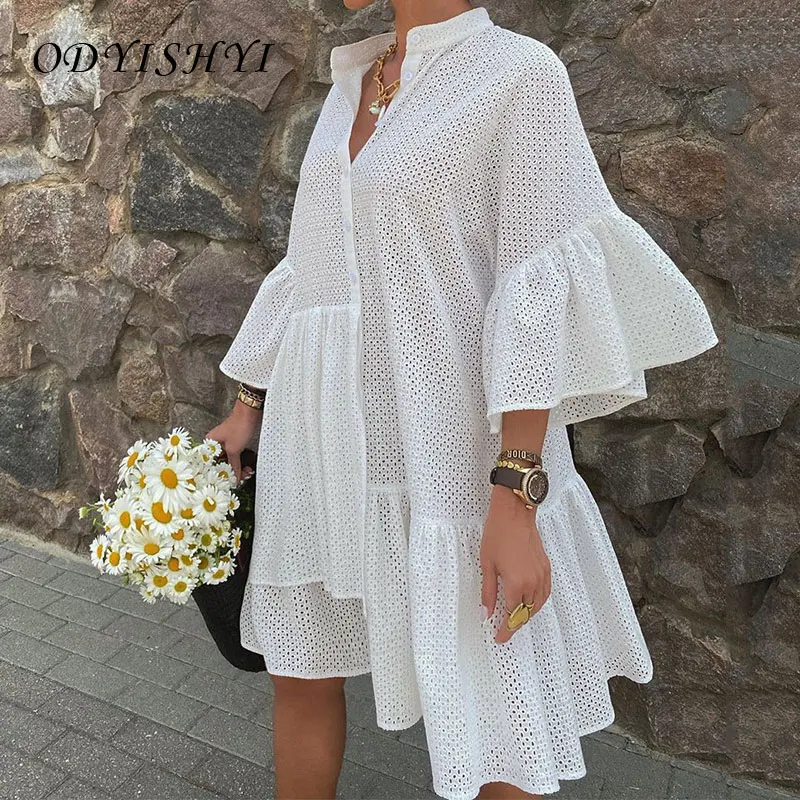 2020 Летнее белое платье с рукавом 3/4 женское модное уличное однотонное
