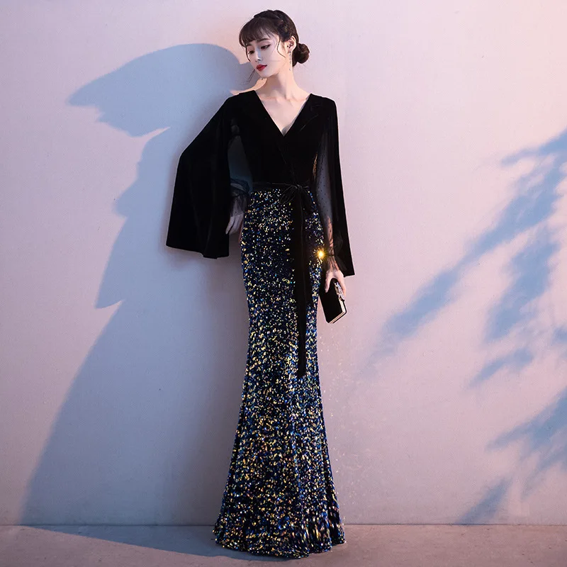 

С длинными рукавами и v-образным вырезом, рукав велюр платье-Русалка Вечерние вечернее платье украшенная сияющими блестками очаровательное...