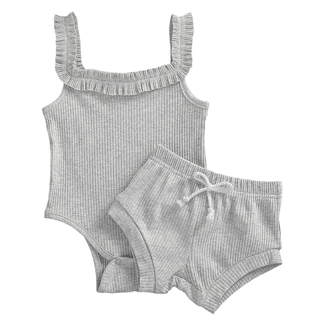 2Pcs Newborn Baby Girls Clothes Summer Knitted Outfits Halter Romper Ruffle Shorts Solid Color Clothing 3 6 12 18 24 Months | Детская