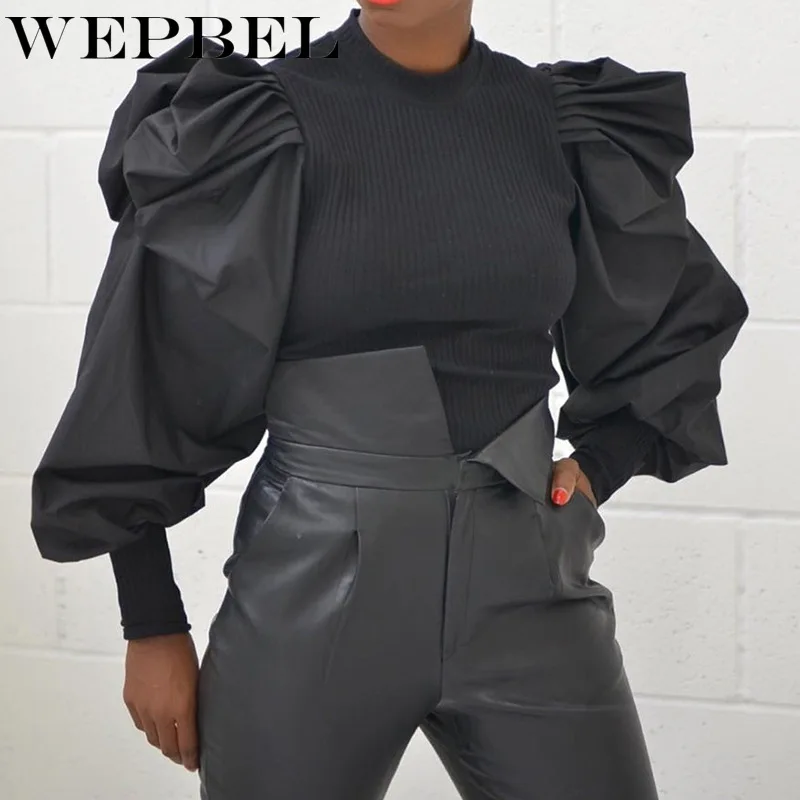 

WEPBEL Puff Long Sleeve Blouse Casual Shirt Women Spring O Neck Slim Fit Tops Fashion Streetwear