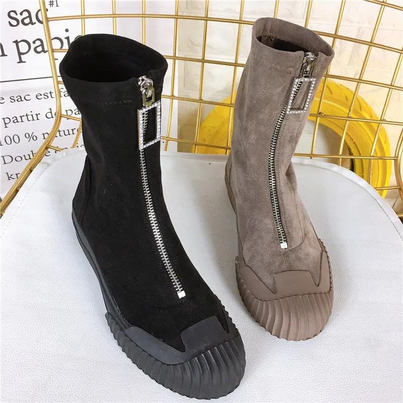 2019 Women Autumn Ankle Short Boots Cow Suede Motorcycle Female Rhinestone Zipper Fashion Martin Candy Colors Booties | Обувь