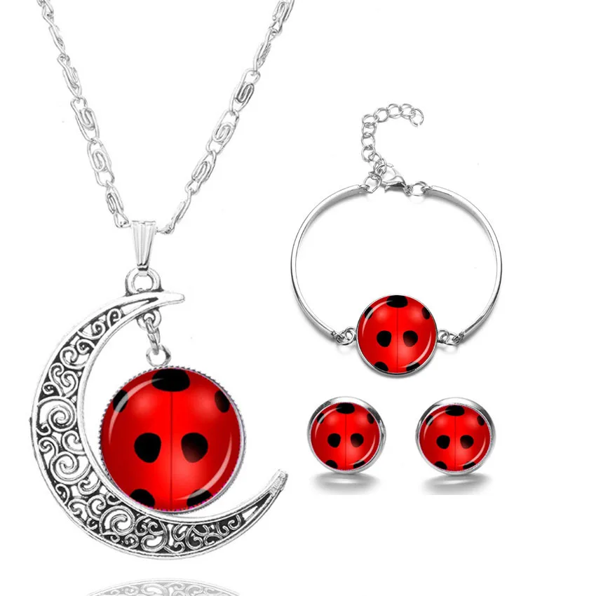

Miraculous Ladybug Time gem studs Cartoon Seven Lady Ladybug Girls Time Gem Moon Necklace Earring Stud Bracelet Accessories Set