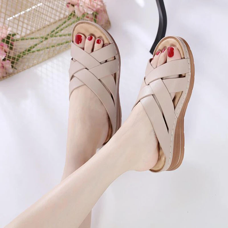 

GKTINOO Women's Slippers Sandals 2021 Summer Wedges Heels Women Shoes Woman Slippers Summer Sandals CasualSummer Shoes For Women