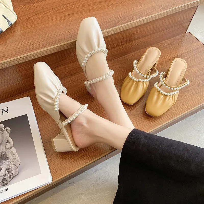 

Shoes Woman 2021 Cover Toe String Bead Med Slippers Summer Pantofle Female Mule Loafers Square heel New Mules Block Soft Casual