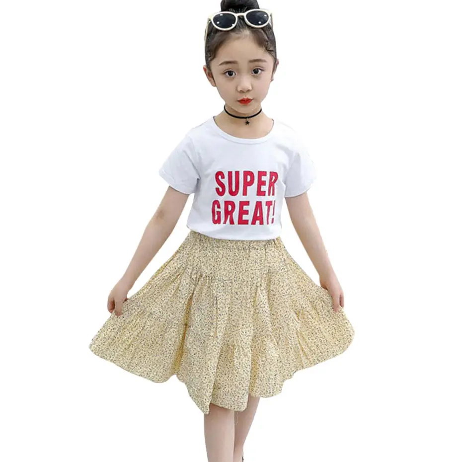 Летняя одежда для девочек рубашка с буквенным принтом + юбка цветочным летний