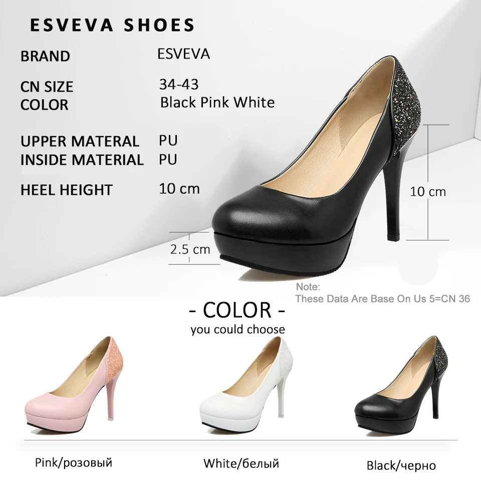 

ESVEVA 2018 Women Pumps Bling Shoes Sweet Style Slip on Elegant Pumps Thin High Heel Round Toe Platform Women Shoes Size 34-43