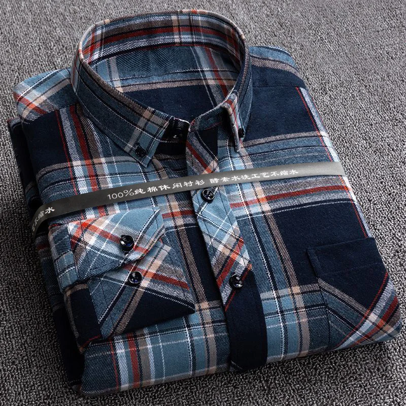 100% Cotton Man's Casual Plaid Shirt Sanding Fabric Flannel S to 6xl Warm Oversized Shirts for Male Long Sleeve with Pocket New