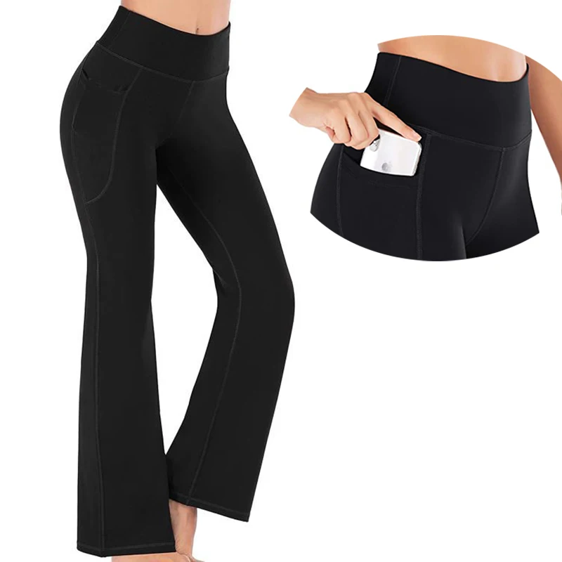 

Black Flared Pants Women Fitness Yoga Pants with Pocket High Waist Black Workout Leggings Classical Professional Female Trousers