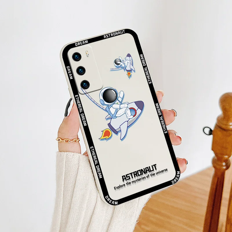 

Rocket Astronaut Liquid Silicone Cover Case For Huawei P40 P50 P30 P20 Pro Lite Mate 40 30 20 Pro Lite Nova 5t Y7A Phone Case