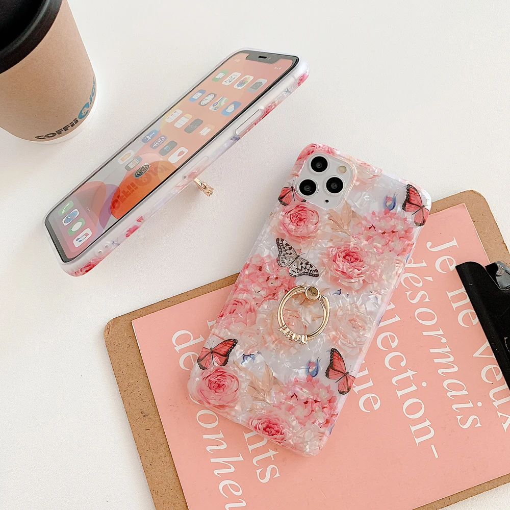 Чехол для телефона LOVECOM с розовым цветком и бабочкой кольцом на палец iPhone 12 Mini 11 Pro
