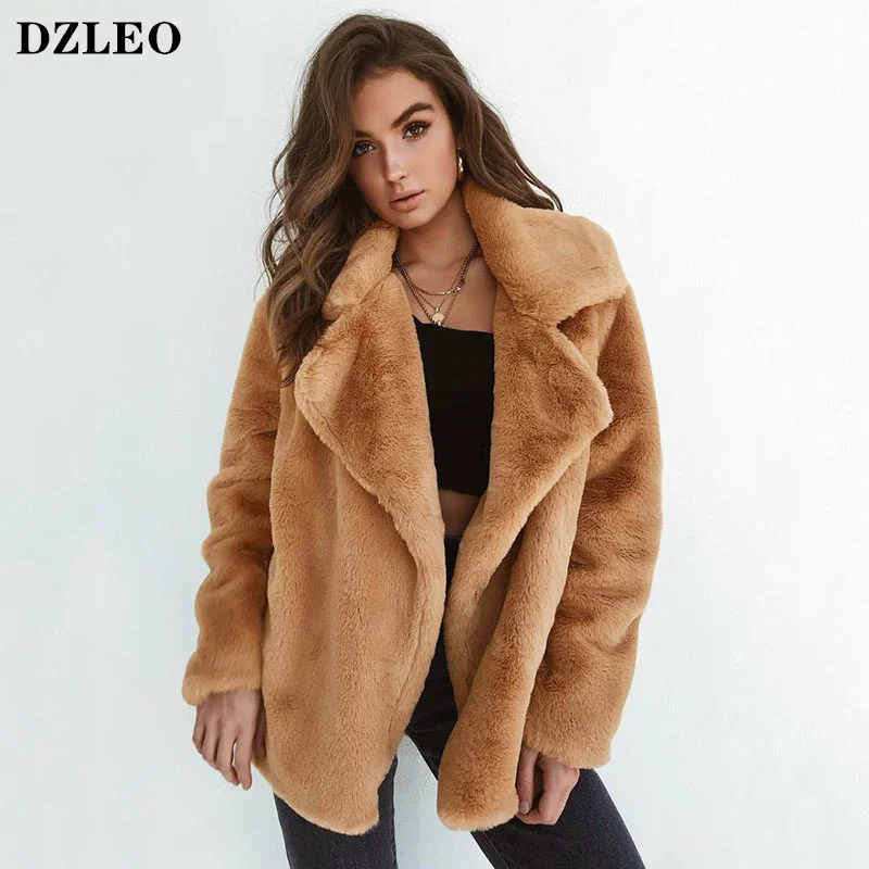 

DZLEO Faux fur coat women jacket new Fuzzy Fleece Lapel women coat Solid Color Open Front Coat Warm Winter Outwear plus size
