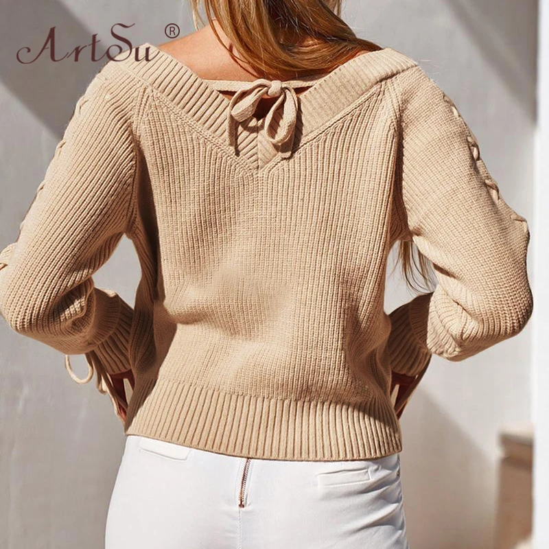 Женский вязаный свитер ArtSu желтый на шнуровке с длинным рукавом v-образным