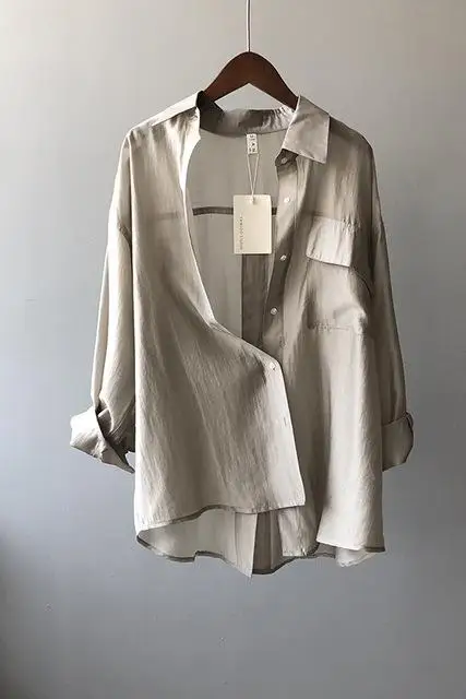 

Tencel Shirt Female 2021 Summer New Korean Version Loose and Thin Temperament Thin Long-sleeved Shirt Solid Color Retro Shirt