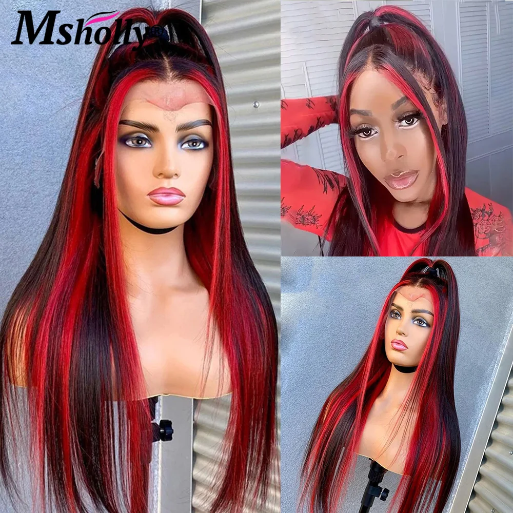 

Black And Red Highlight Wig Human Hair Remy Glueless Straight Lace Front Wig 4x4 HD Transparent Lace Wigs For Women Human Hair