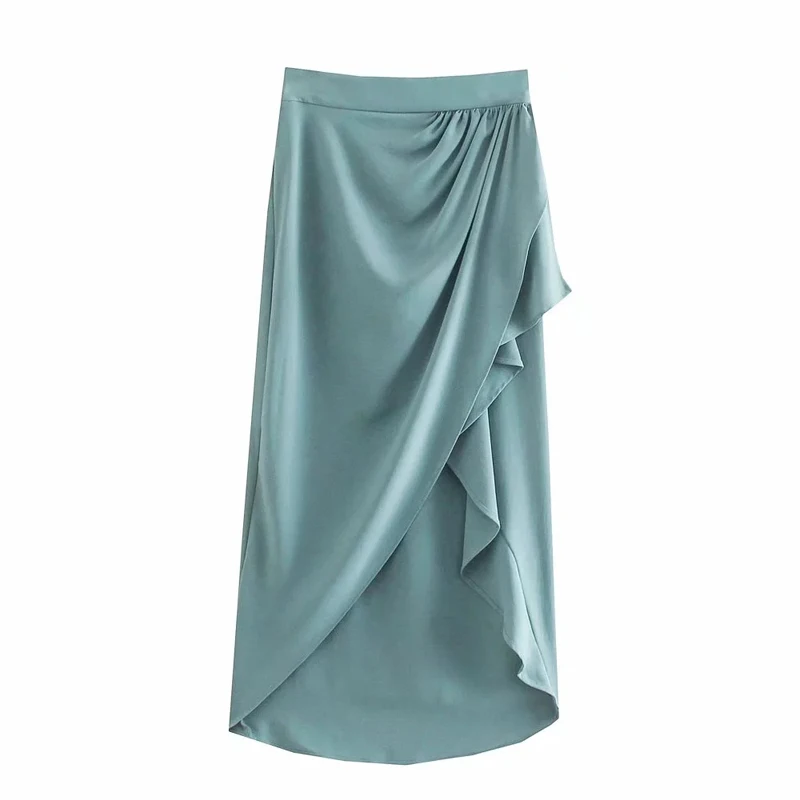 

Women za draped skirt with slit Ladies Green Vintage high-waist skirt with gathered front chic Casual side zip ruffle midi skirt