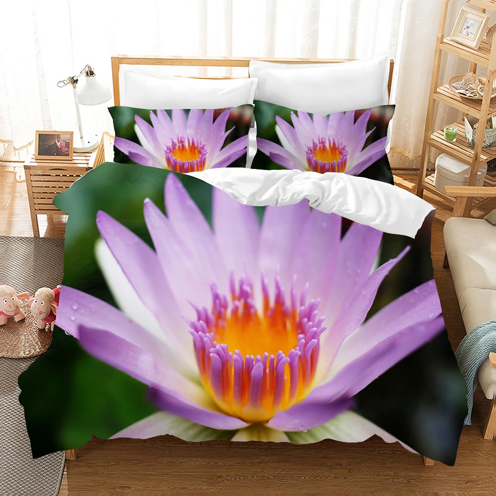 

Lotus Bedding Sets Single Double Size Luxury Landscape Bedclothes With Pillowcase 2/3pcs Flowers Duvet Quilt Cover Set