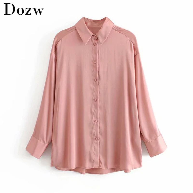 Блузка женская однотонная атласная с длинным рукавом и отложным