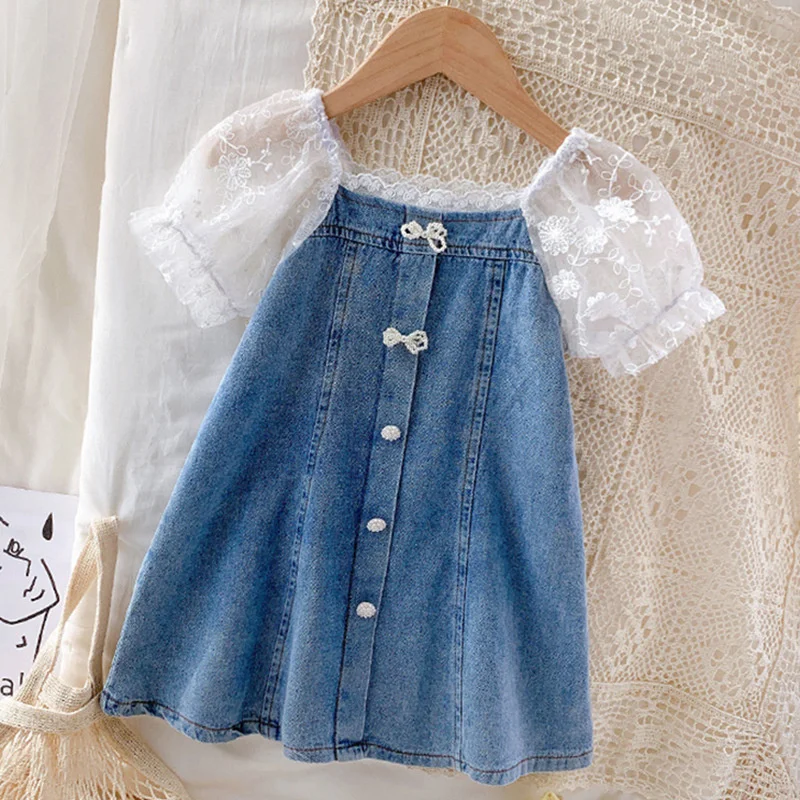 

Baby Girl Costume Summer Fashion 2022 Children Denim Dress Bubble Short Sleeve Girl's Birthday Party Dress Princess Dresses
