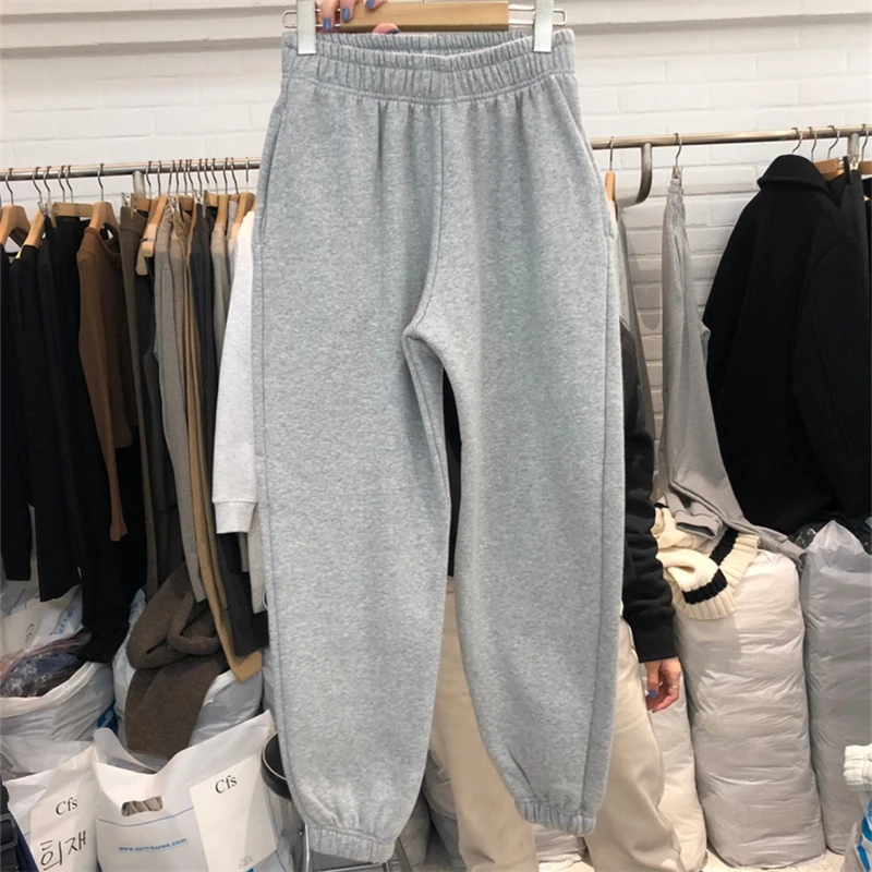 

Повседневные спортивные брюки для женщин, сезон осень-зима 2021, на флисовой подкладке, толстые, с высокой талией, свободные, прямые, приталенн...