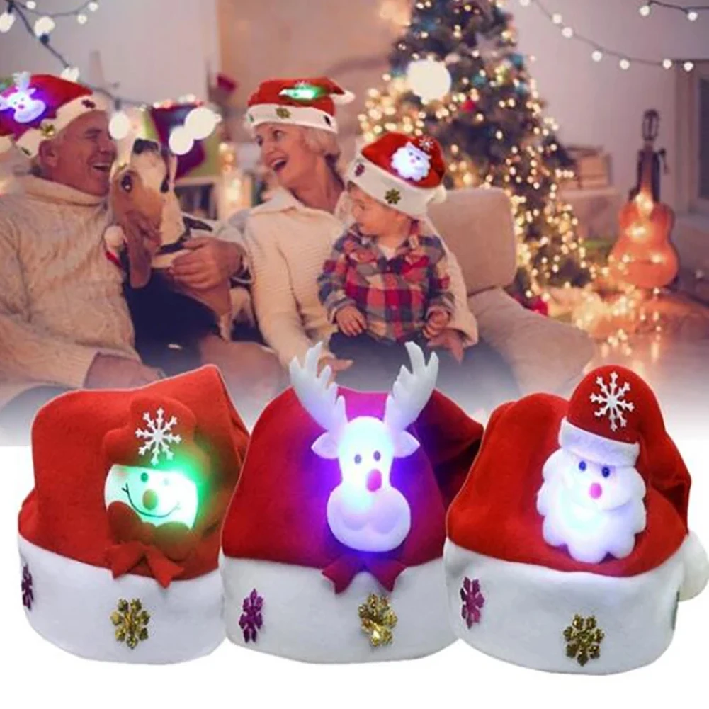 

Merry Christmas Hat Light Up Led Cap Snowman Elk Santa Claus Hats For Kids Adult Xmas Decoration