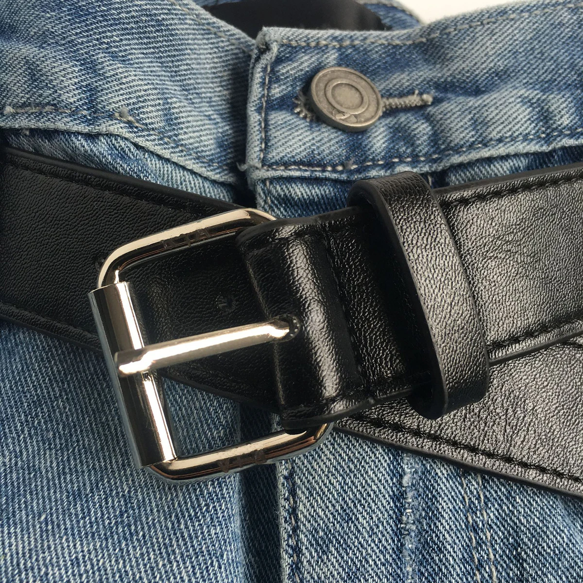 Hole Belt Patchwork Retro Jeans Women Spring Summer High Waist Button Zipper Long Trousers Casual Vintage Straight Pants 2021