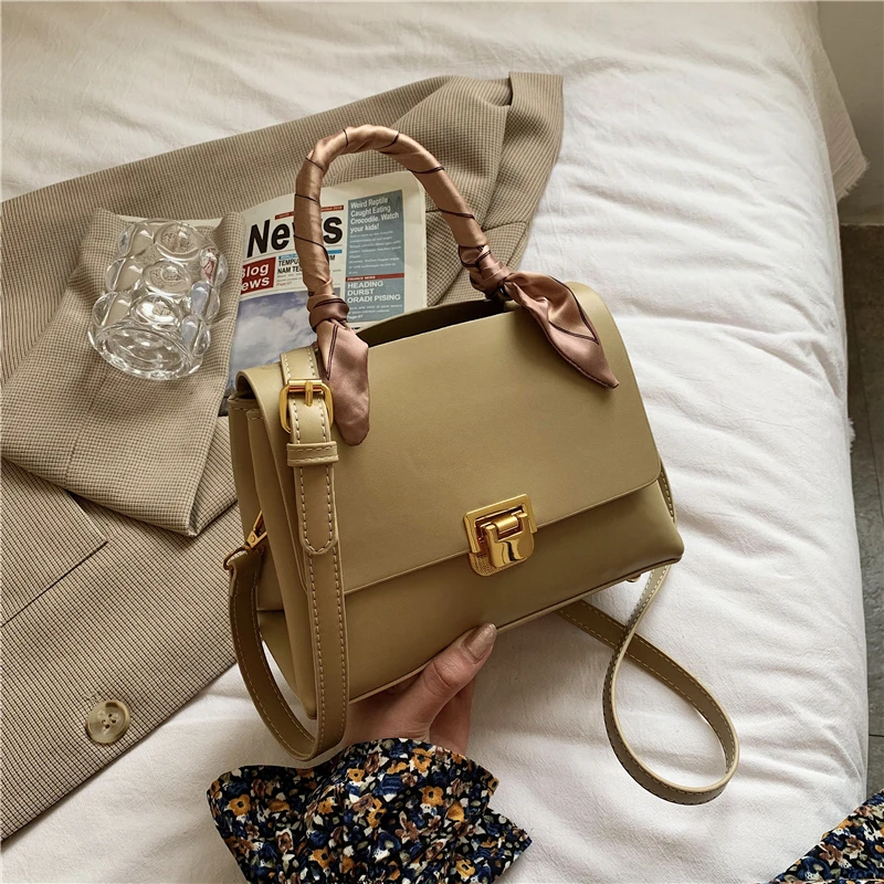 

Korean Style Flip Lock Scarf Top Handle Tote Bags For Women Two Zipper Compartment Ladies Shoulder Crossbody Bags Small Handbags