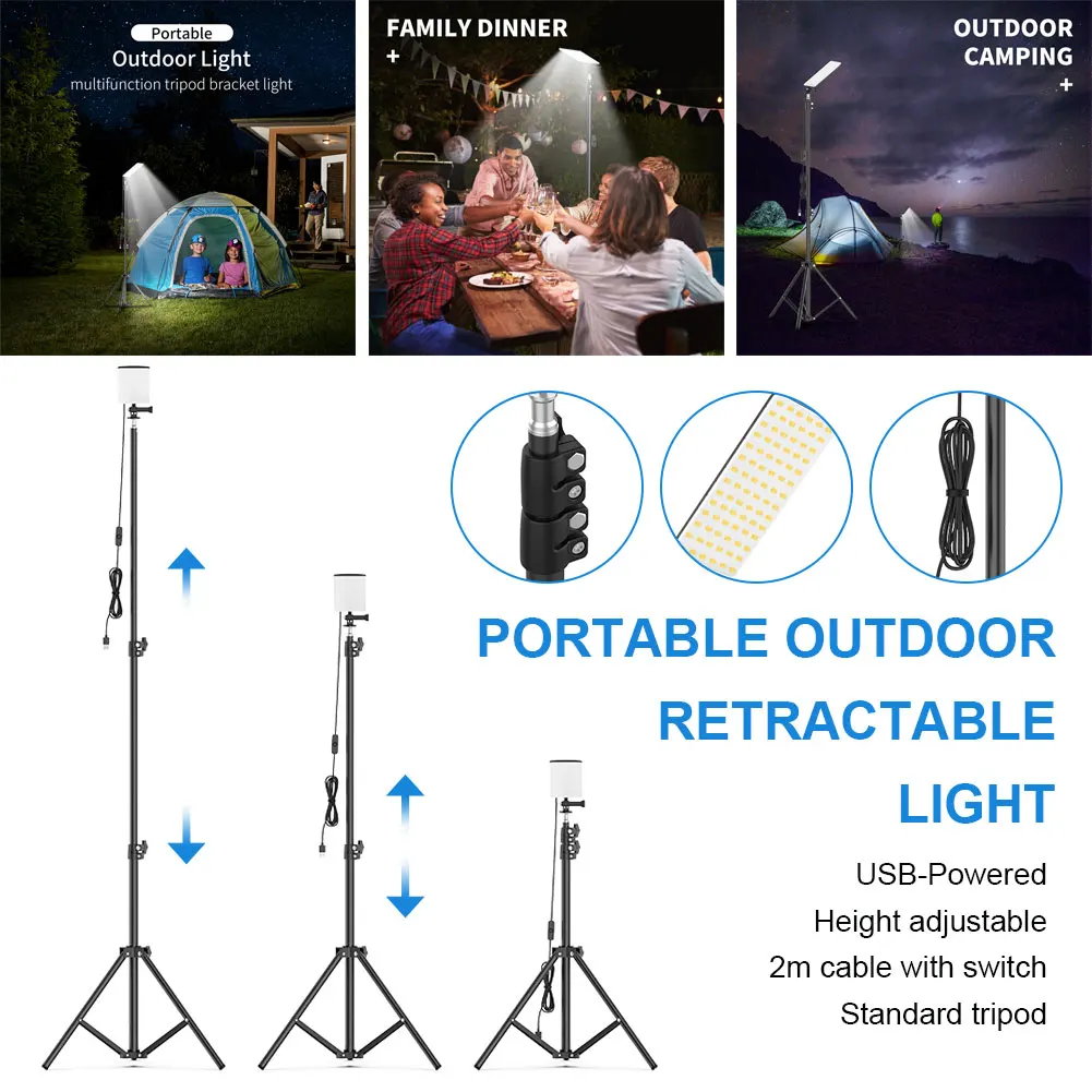 

USB Outdoor Tripod Camping Lantern Light Folding Tripod Portable Outdoor Retractable Waterproof LED Light with 2M Cable Switch