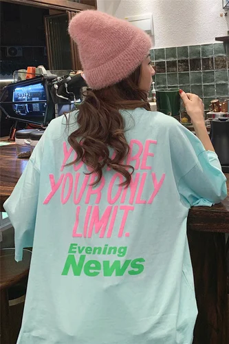 

Letter Printed Sweet Fresh All Match Oversize Loose Basic Summer 2021 Vintage Short Sleeve Female Women Top T-shirts